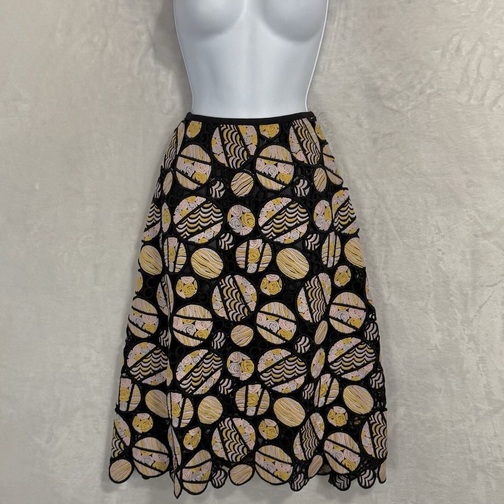 Y2K Cynthia Rowley Boho Circles A Line Midi Skirt Size 0 Black Funky Whimsigoth